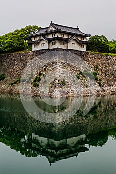 Osaka castle walls reflecting in water