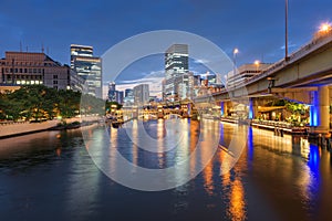 Osaka, Japan skyline in the Nakanoshima district