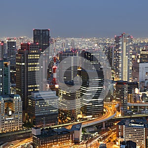 Osaka Japan skyline and traffic