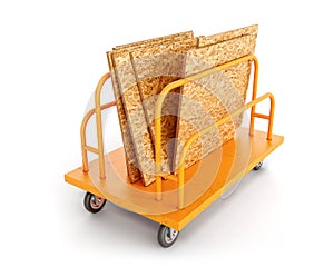 OSB plates on an orange trolley for long loads,