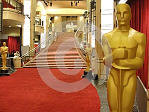 Oscar statues along the red carpet at the Academy Awards