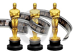 Oscars awards statuettes with movie film