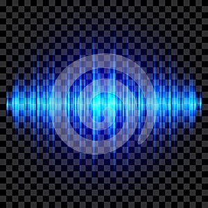 Oscillating blue sound wave. Vector audio light effect. Glowing soundtrack, signal, radio waves isolated on transparent