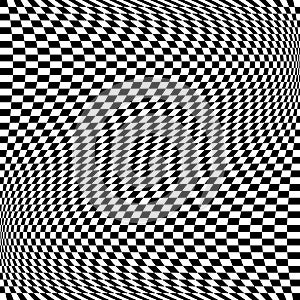 Oscillation, ripple, squeeze warp. Curve, camber element. Wavy, waving distortion on checkered, chequered, chess board pattern.