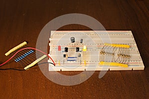 Oscillator circuit on prototyping board breadboard
