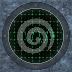 Oscilloscope screen with green wavy trace.