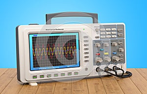 Oscilloscope on the wooden table, 3D rendering