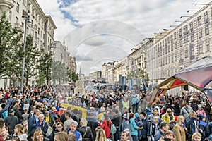 OSCOW, RUSSIA - SEPTEMBER 10, 2017: celebration of 870th birthday of Moscow. Crowd in Tverskaya street