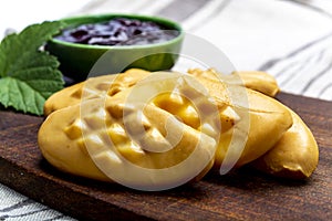 Oscypek or Oszczypek smoked cheese made of salted sheep milk exclusively in Tatra Mountains, Zakopane, Poland