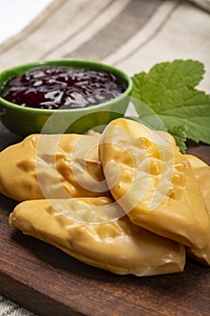 Oscypek or Oszczypek smoked cheese made of salted sheep milk exclusively in Tatra Mountains, Zakopane, Poland