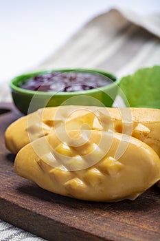 Oscypek or Oszczypek smoked cheese made of salted sheep milk exclusively in Tatra Mountains, Zakopane, Poland