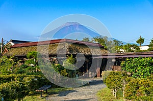 Oshino Hakkai farmhouses with Mt. Fuji on the background