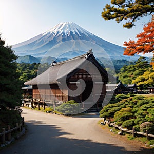 Oshino, Japan historic thatch roof farmhouses with Mt. Fuji. made with Generative AI