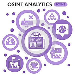 Osint analytics symbols collection or sketches, open source data theme bubble with glyph style signs for web and app