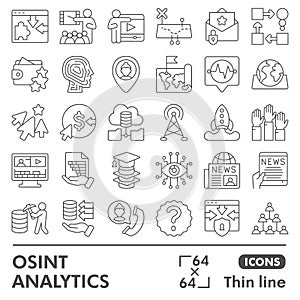 Osint analytics symbols collection or sketches, open source data theme with thin line style signs for web and app