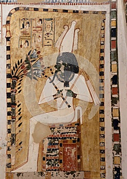 Osiris portion of a fresco in the south wing end wall of the transverse chamber of TT69 featuring the worship of Osiris.