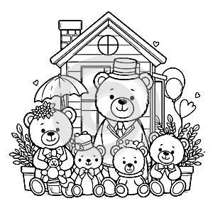 Vector hand drawn outline childish illustration of a bear family photo