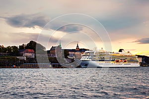 An Oslo Bay at sunrise in Oslo, Norway, on a cloudy windy morning