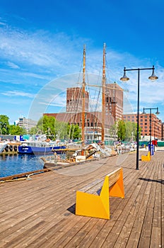 Oslo City Hall and wooden pier of Fjord, Norway