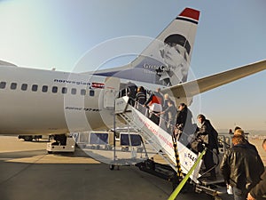 OSLO GARDERMOEN, NORWAY - NOVEMBER 3:Aircrafts at Oslo Gardermoen International Airport on november 3, 2014 in Oslo.