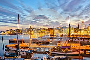 Oslo harbor at night in Oslo city, Norway