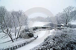 OSLO, January 2015. Snow fall in Vigeland sculpture park in Oslo, Norway