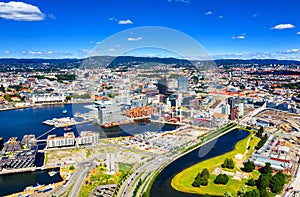 Aerial view of Sentrum area of Oslo, Norway, with Barcode buildings and the river Akerselva photo