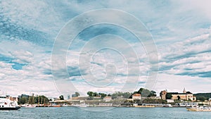 Oslo, Norway. Akershus Fortress, Oslo City Hall And Floating Ships Near Aker Brygge District. Summer Day. Famous And