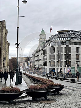Oslo, Norway - April 9, 2018: View of street in the city center of Oslo