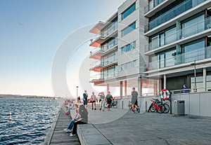 The waterfront of Tjuvholmen, Oslo, Norway, on a sunny afternoon