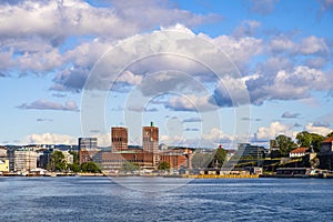 Oslo, Norway - City Hall historic building - Radhuset - at Oslofjord sea waterfront in Pipervika borough of Sentrum city center