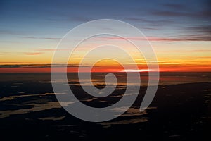 OSLO, NORWAY - JAN 21st, 2017: View off the sunrise, norway during winter from inside the plane during my Lufthansa