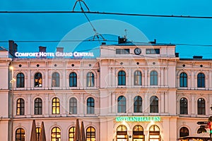 Oslo, Norway. Night View Of Comfort Hotel Grand Central Near Oslo Central Station Railway Station.