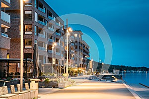 Oslo, Norway. Night View Embankment And Residential Multi-storey House On Sorengkaia Street In Gamle Oslo District