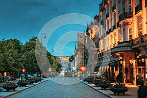 Oslo, Norway. Night View Karl Johans gate Street. Residential Multi-storey Houses In Centrum District. Summer Evening photo
