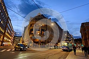 Oslo cityscape at dusk in the shopping district in the middle of the city