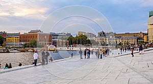 Oslo, Norway - Panoramic view of Bjorvika district at Oslofjord sea waterfront with Havnepromenade boulevard and Sentralstasjon