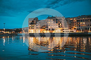 Oslo, Norway. Scenic Night Evening View Of Illuminated Residential Area District Downtown Sorenga