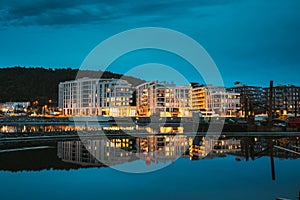 Oslo, Norway. Scenic Night Evening View Of Illuminated Residential Area District Downtown Sorenga