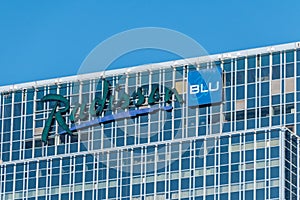 Radisson Blu logo on hotel in Oslo. Radisson Blu is an international chain of hotels