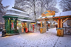 Oslo, Norway - Traditional Christmas market with falling snow