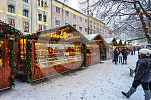 Oslo, Norway - Traditional Christmas market with falling snow