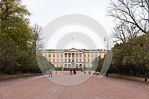 Oslo royal palace, view from parkway alley boulevard avenue with