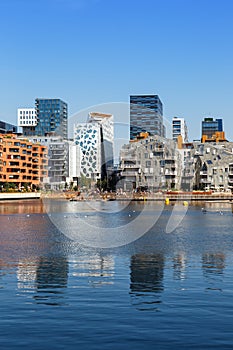 Oslo skyline modern city architecture buildings in new Bjorvika District portrait format in Norway