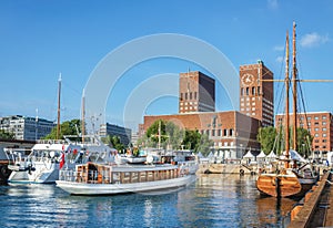 Oslo town hall from the sea, Oslo, Norway