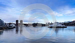 Norway April 07/2021 View of Oslo City Hall from Aker Brygge