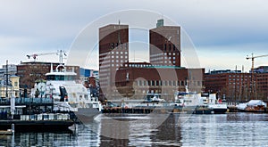 Norway April 07/2021 View of Oslo City Hall from Aker Brygge