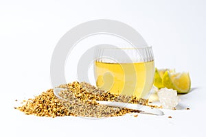 Osmanthus Tea with dried flowers and lemon photo