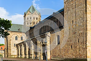 OsnabrÃ¼ck, Lower Saxony, Germany, June 5, 2021. View of Dom St Peter cathedral on Domplatz in Osnabruck during a lockdown in