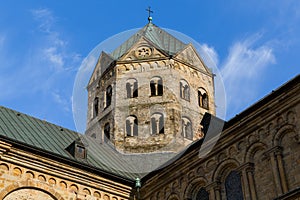 OsnabrÃ¼ck, Lower Saxony, Germany, June 5, 2021. View of Dom St Peter cathedral on Domplatz in Osnabruck during a lockdown in